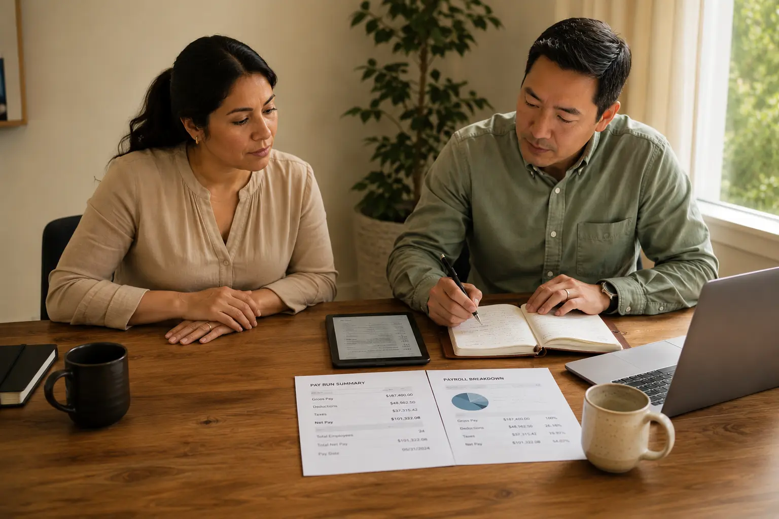 Two payroll specialists coordinating a client pay run